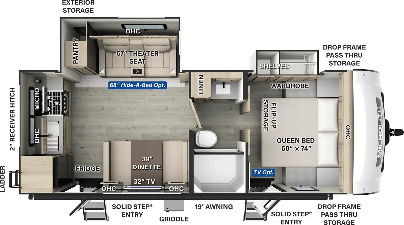 The Flagstaff Micro Lite 25SRK has two entries and two slide outs. Exterior features include: fiberglass exterior and 19' awning. Interiors features include: rear kitchen, front bedroom and pass through bathroom.